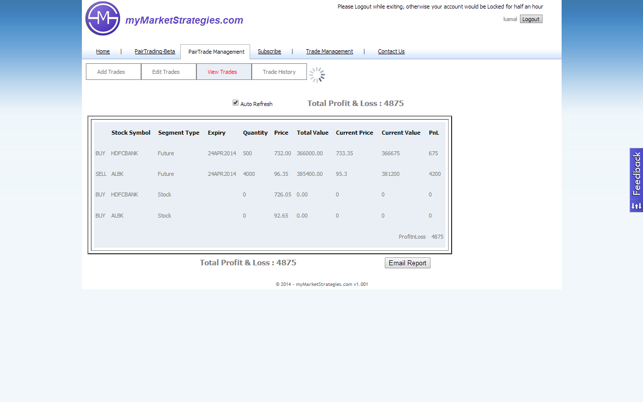 Pair Trade Management Tool screenshot